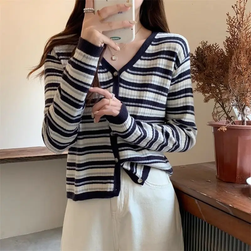 Women Clothing Korean Style Striped Knit Cardigan Spring Autumn New Casual All-match V-neck Long Sleeve Tops Thin Sweaters Coats