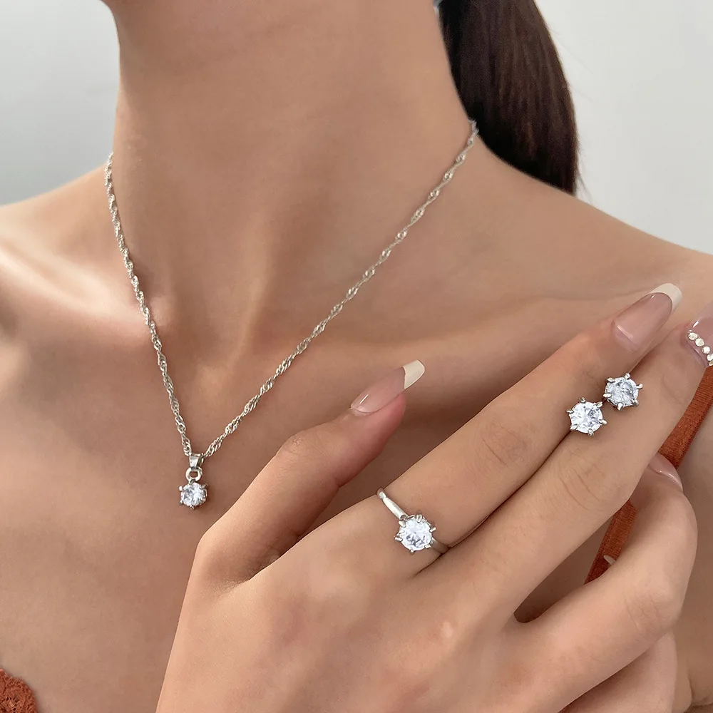 5-teiliges Zirkonia-Schmuckset mit Kristallen, Ring, Halskette, Armband, Ohrringe, schlichtes, elegantes, vielseitiges Geschenkset