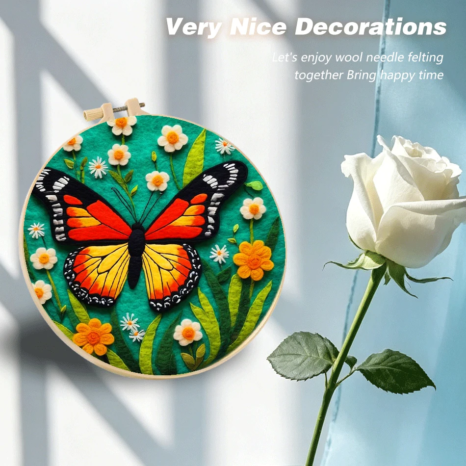 

RUOPOTY 20x20cm Frame Butterfly Diy Wool Painting Arts and Crafts Art Supplies Animal Felt Needle Kit DIY Hand Embroidery Kit