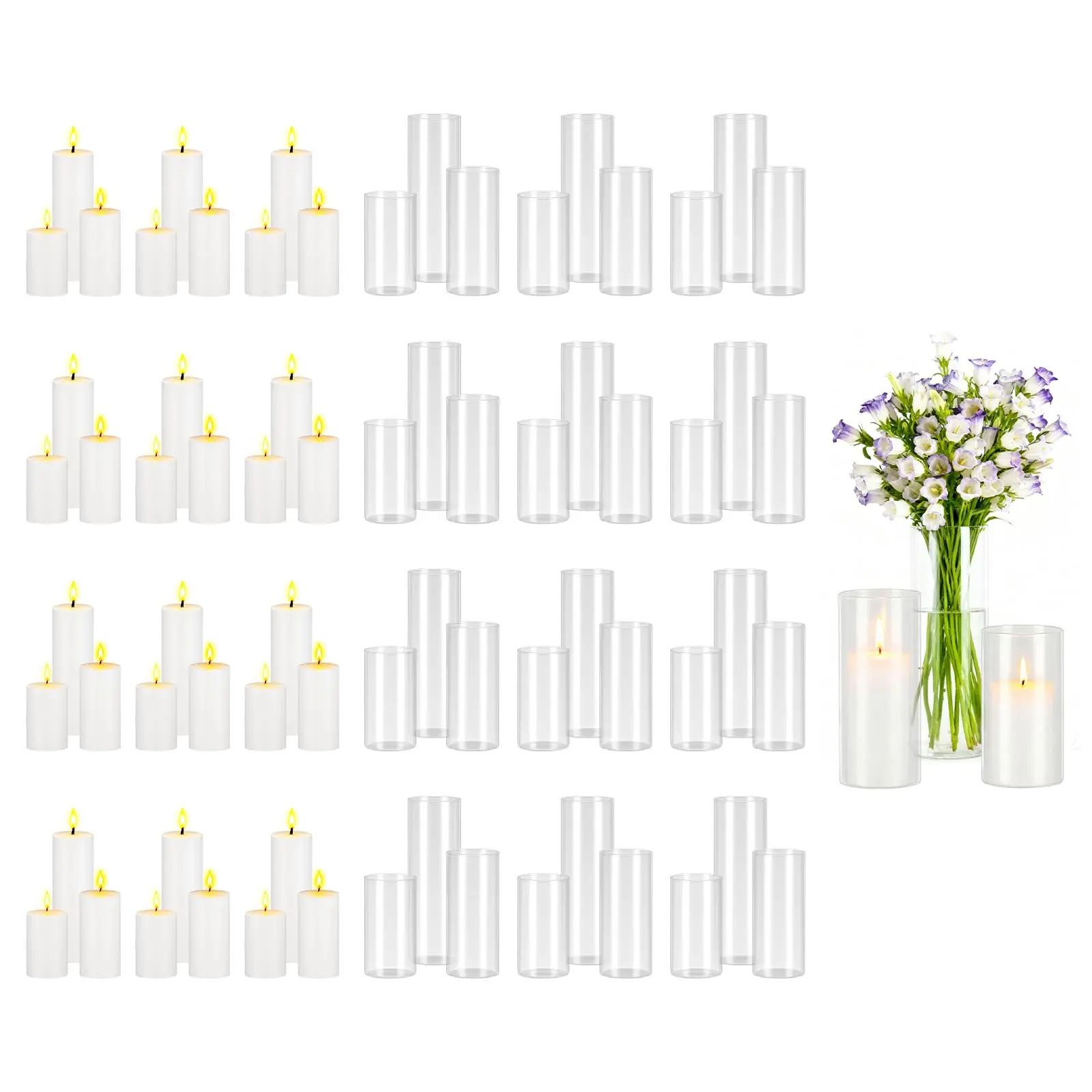 Pillar Candles and Glass Vases Set 72 Pcs, Clear Cylinder Hurricane Candle Holders for Wedding Centerpieces, Tall Vase