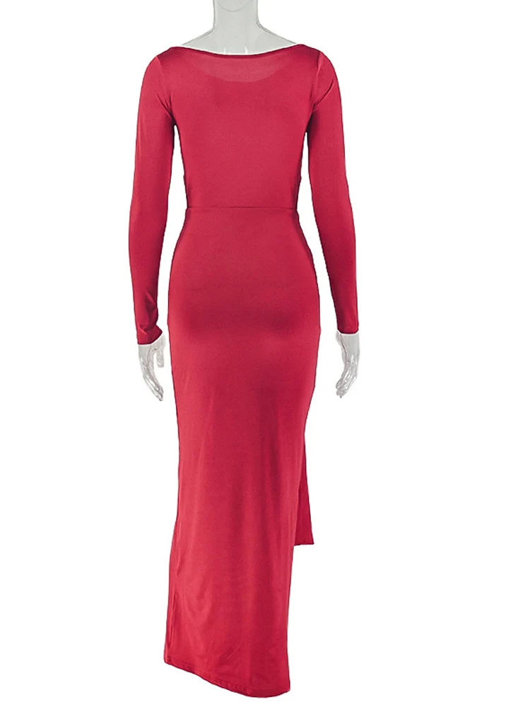 Beyprern – robe Maxi Sexy à manches longues, découpée sur le côté, couleur unie, col rond, moulante, robe de soirée formelle, Clubwear
