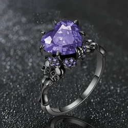 Gothic Style Promise Ring Inlaid Heart Shape Zircon Skull Design Wedding Jewelry Perfect Halloween Gift For Your Lover