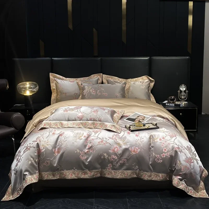 Double Queen King size Embroidery Cotton Sateen Luxury Neoclassical Jacquard Flowers Duvet Cover Flat/Fitted Sheet 2 Pillowcases