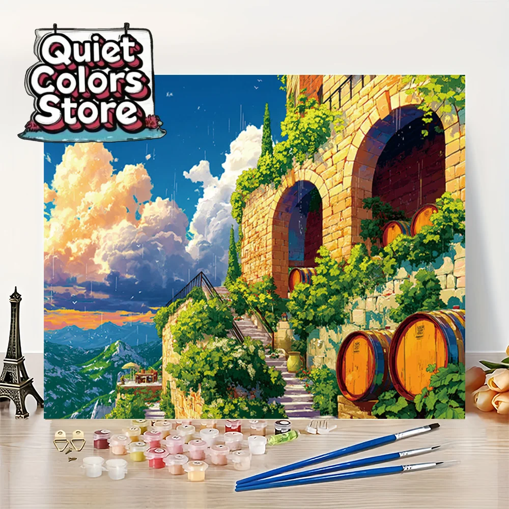 (Quiet Colors Store) 1 pieza, Kit de pintura por números de pared de piedra y enredaderas de bodega bajo la lluvia - Apto para principiantes - 16x20 pulgadas - U