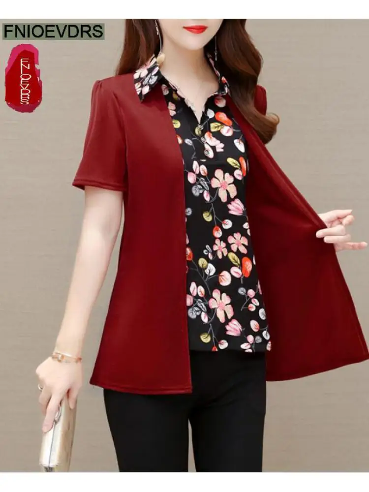 

Floral Women Vintage Blouses 2022 Summer Elegant Office Lady Faux Two 2-Piece Floral Printed Long Shirt Female Casual Tops 9369