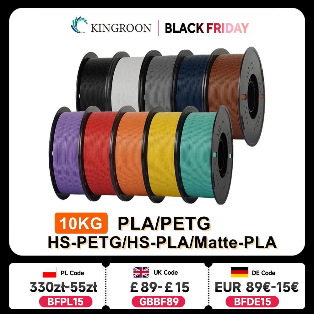 KINGROON 10KG (22LBS) PLA PETG HS-PLA HS-PETG Filamento 1.75mm Materiale stampante 3D ad alta velocità PLA opaco 1kg * 10 Rotolo Colore misto