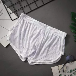 Sexy Men Ice Silk Mesh Hollow Boxer Briefs Pouch Underwear Shorts Trunks Breathable Casual Home Striped Male Aro Pants Boxers