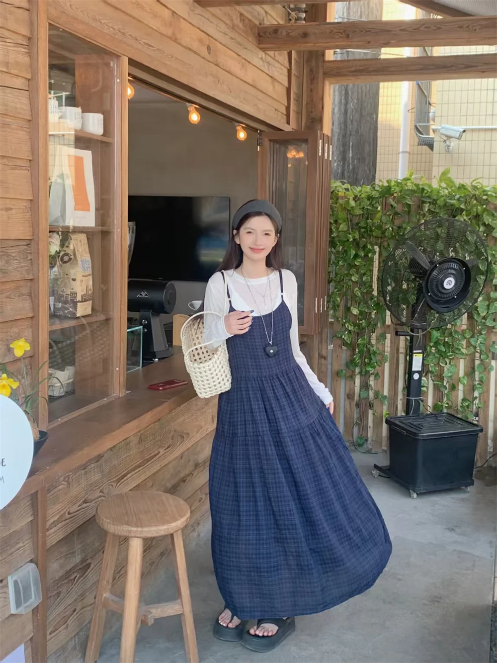 Rétro bleu Plaid sangle Dr femmes été mince longue Sve t-shirt haut doux vent ensemble décontracté Sle a-ligne jupe Polyester...