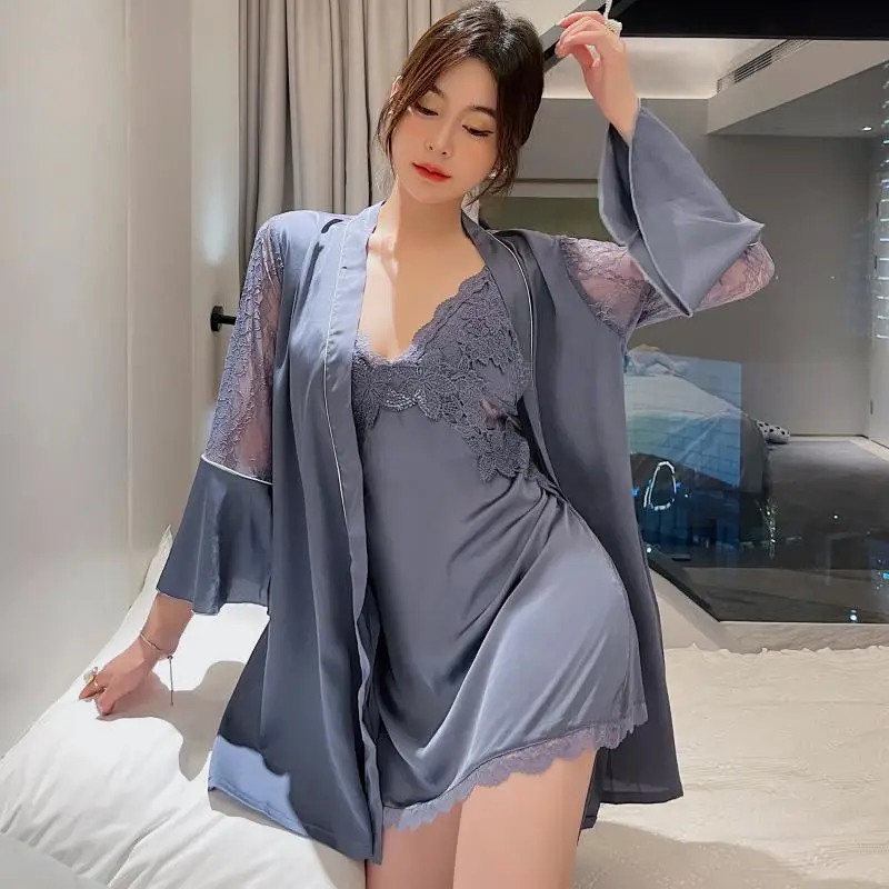 Summer Female 2PCS Bathrobe Gown Set Lace Hollow Out Nightgown Sleepwear Robe Nightwear Women Satin Kimono Sleep Suit Loungewear