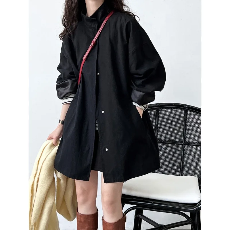 Simple Fashion Trench Coat Women Spring Autumn Stand-up Collar Single Breasted Loose Casual Brown Black Windbreaker Jacket Tops