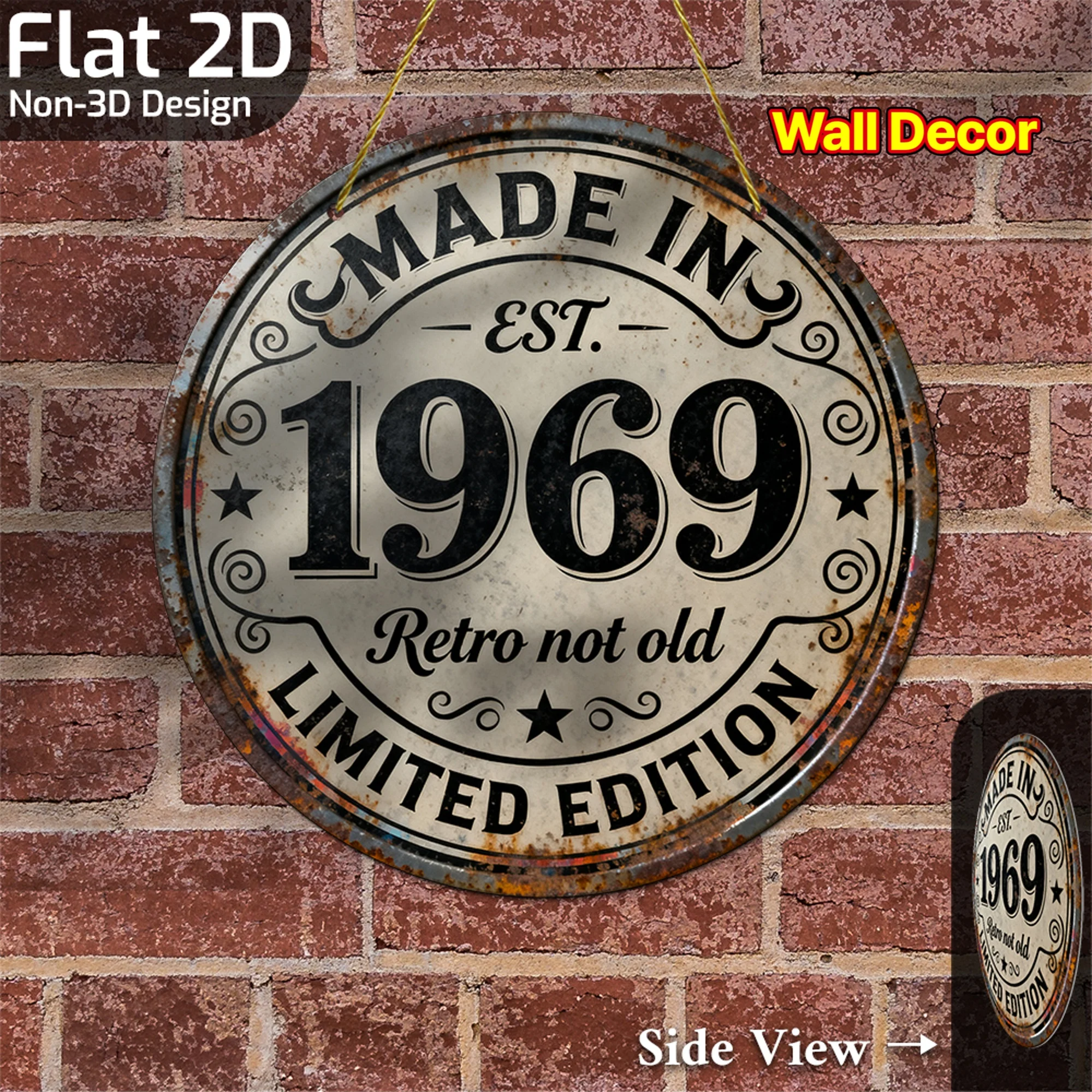 2D Flat - Vintage 1969 Metal Wall Sign, 2D Flat - Limited Edition Retro 50+ Years 1969 ('69) Replica, Durable Aluminum 20.32Cm X