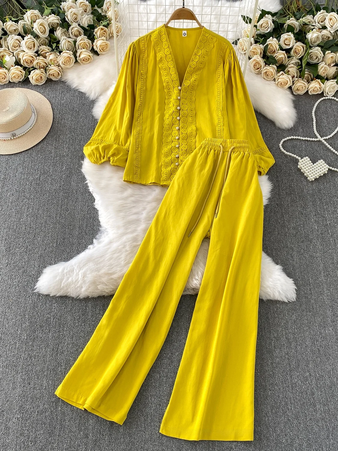 الوردي الثقيلة التطريز الدانتيل لصق عارضة عالية الخصر ضئيلة واسعة الساق السراويل مجموعة مع فانوس Sve irt لطيف الرياح Sle #3