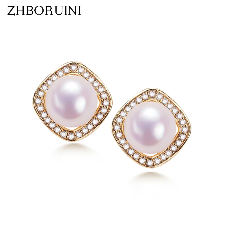 ZHBORUINI 2024 Square Pearl Earrings For Women Real Freshwater Pearl 925 Silver And Glod Plating Stud Earring Wedding Jewelry