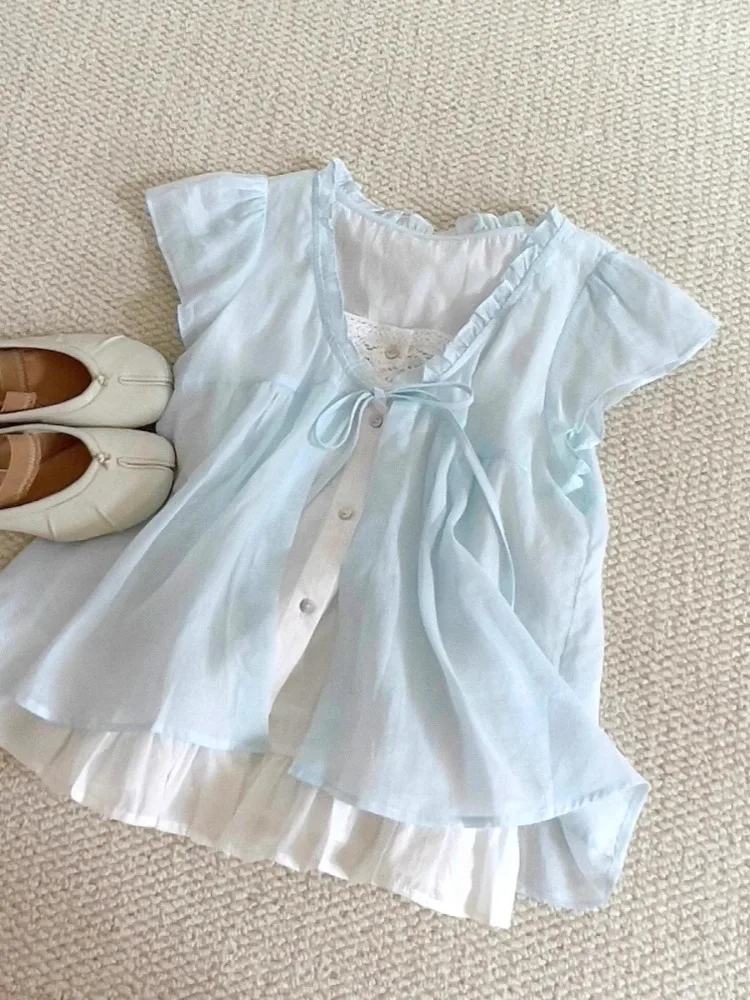 

Elegant Vintage Lace Fake Two Piece Blouses 2025 Summer New Lazy Shirts Women Y2k Short Sleeve All-match Blusas De Mujer