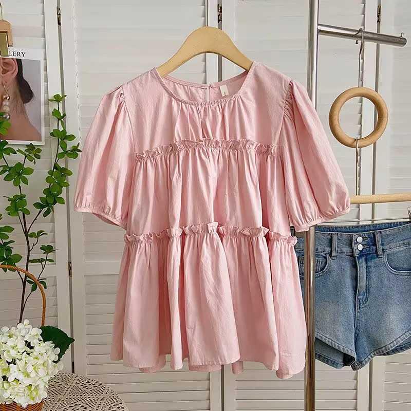 Bubble Sleeve Shirts Korean Solid Babydoll Shirt Summer Top Women 2025 Elegant Youth Solid Short Sleeve Casual Shirt Daily