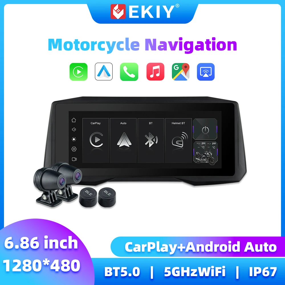 

EKIY Mirroring Display Screen Portable Motorcycle Monitor Support DVR Wireless CarPlay Android Auto Screen Motorcycle Navigation