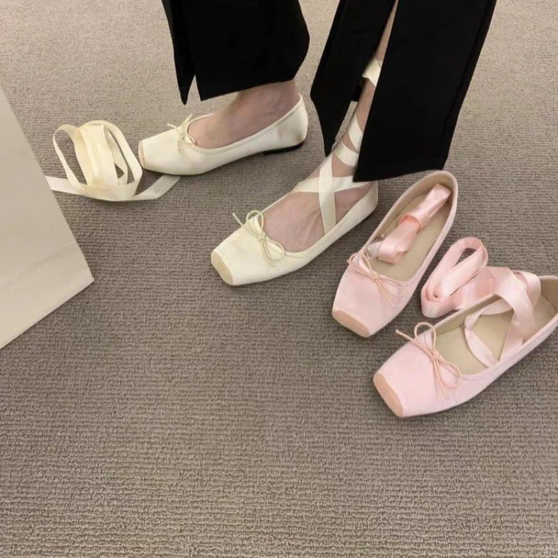 Women Flats Bow Marie Janes Shoes 2024 Spring New Lolita Dress Square Toe Shoes Designer Walking Sandals Female Elegant Zapatos