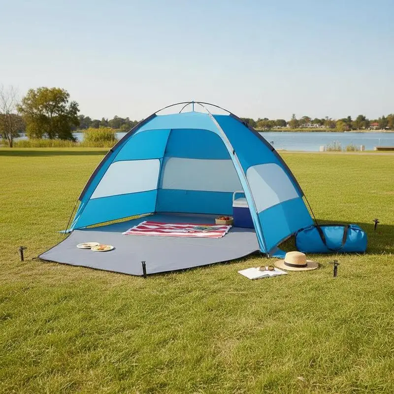 Carpa de Playa para 4 Personas, Protección UPF 50+, Toldo Portátil con Bolsa de Transporte y Bolsillos para Arena, Sombrilla de Playa Ligera y Fácil de Instalar para Acampar, Pescar, Picnic al Aire