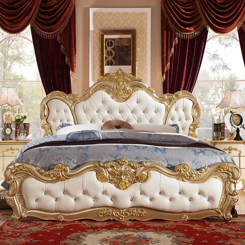 Pretty King Size Double Bed Luxury European Princess White Villa Double Bed Adults Leather Cama Box Casal Bedroom Set Furniture