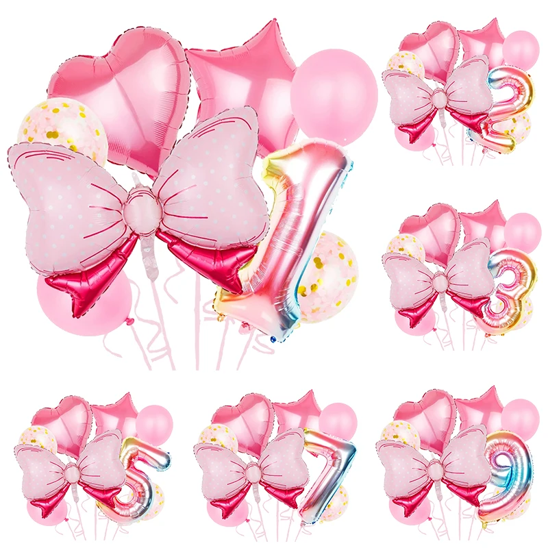 Décoration de fête d'anniversaire avec nœud rose, vaisselle jetable, assiettes en papier, gobelets, bannière, ballons, nappe, fournitures de fête à thème pour filles