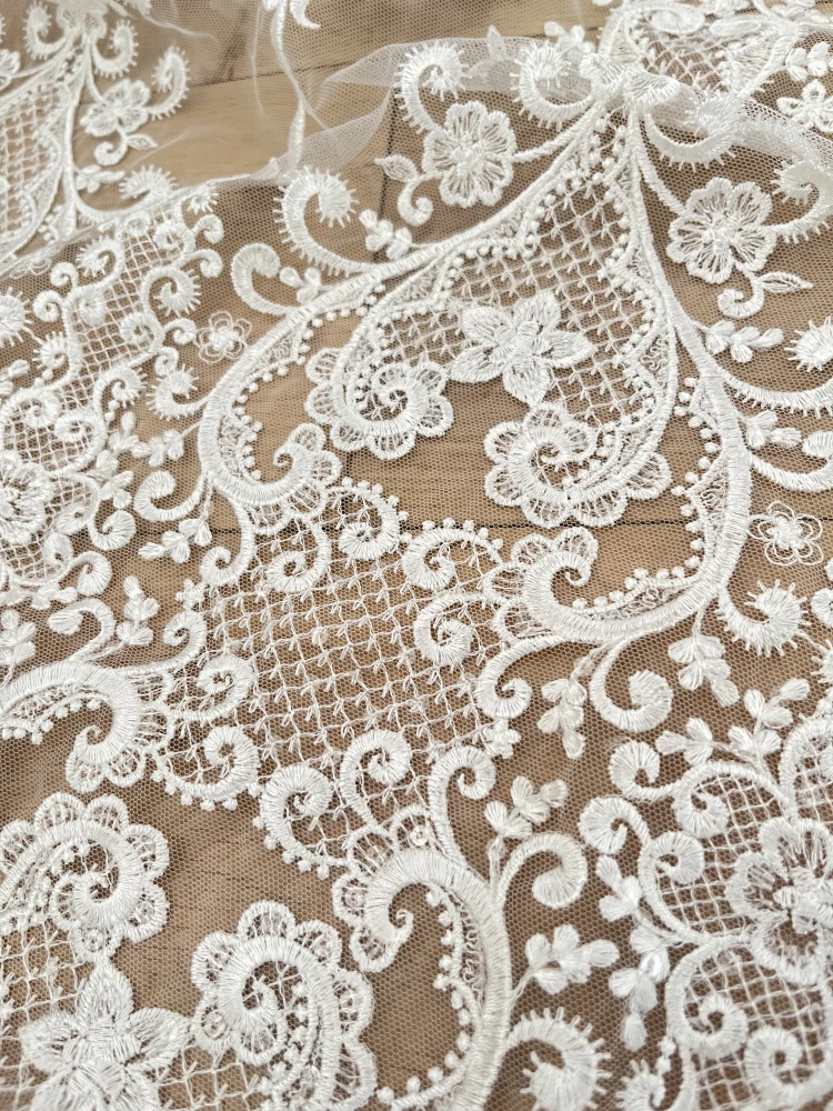 Embroidery Ivory Sequins Lace Fabrics Materials for Clothes Decoration Mariages French Lace Fabric Tulle 130CM Wide