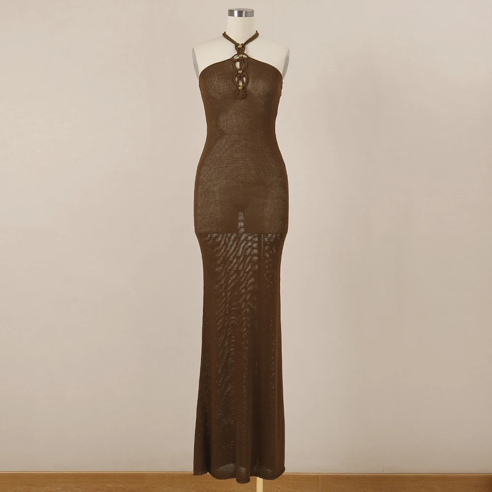 Y2k sexy sem costas sem mangas vestido de malha frisado decorativo semi-transparente pendurado pescoço design elegante verão nova moda feminina 2025