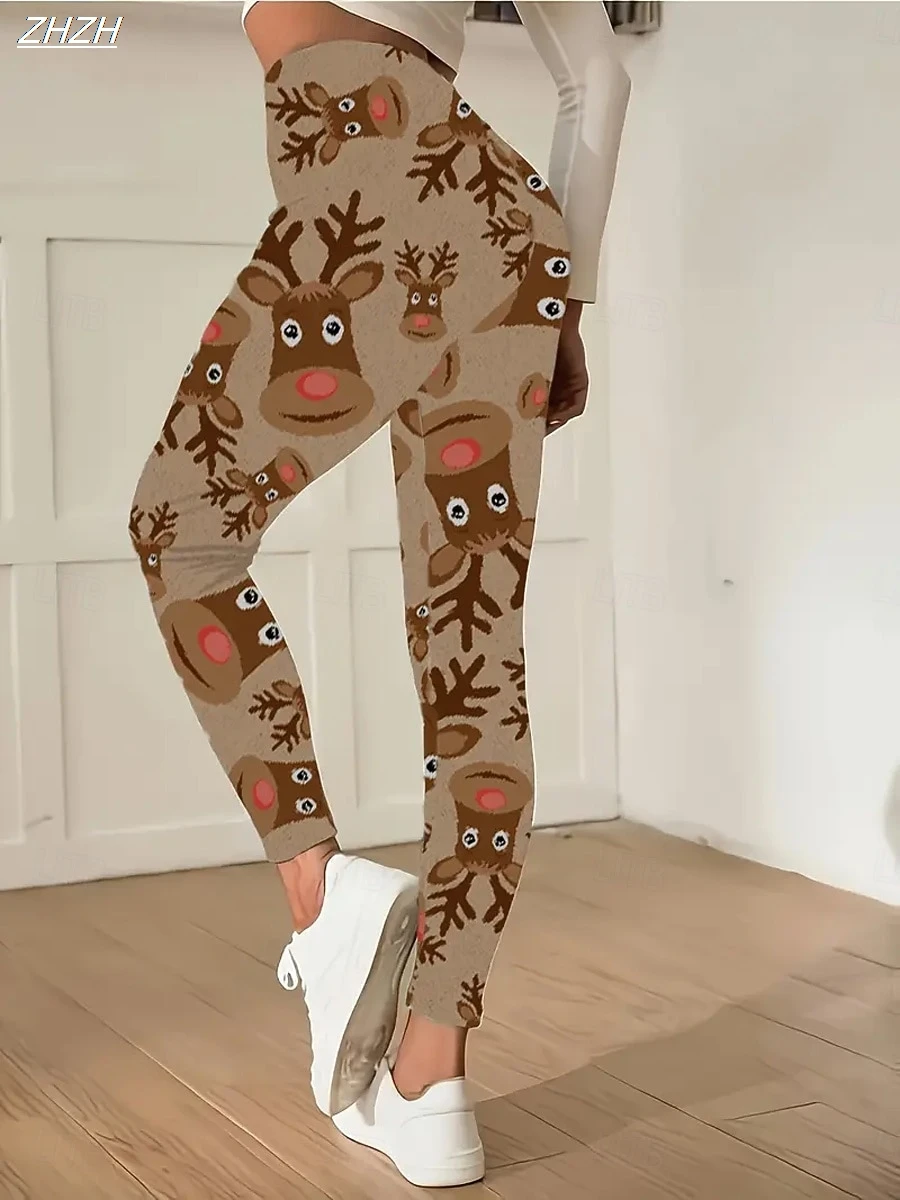 2025 패션 여성 레깅스 편안한 레깅스 휴가 빈티지 어글리 크리스마스 그래픽 크리스마스 프린팅 플리스 보온