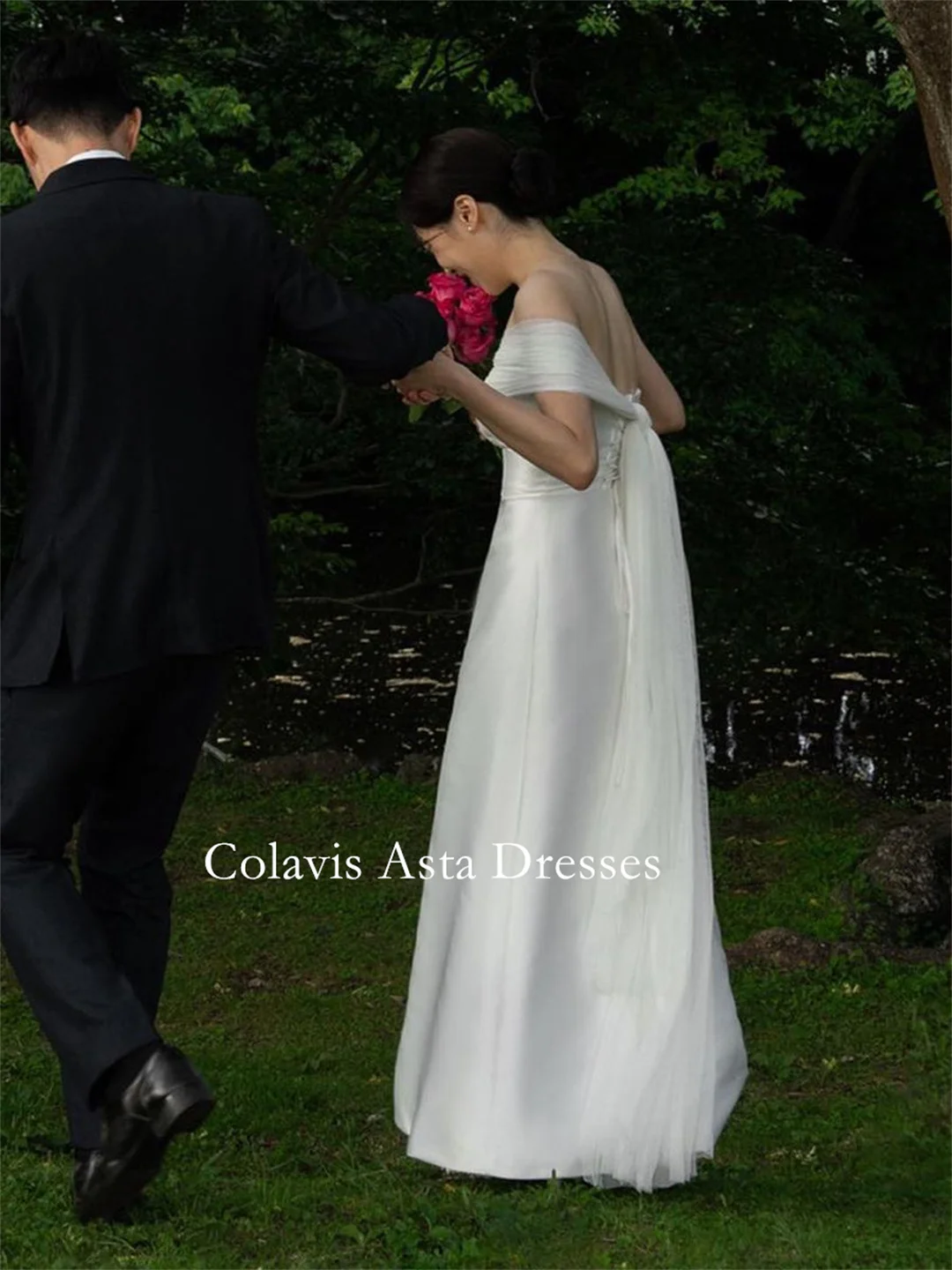 Colavis-vestido de novia de satén sin tirantes, traje de boda largo hasta el tobillo, con cordones, estilo coreano, para sesión de fotos