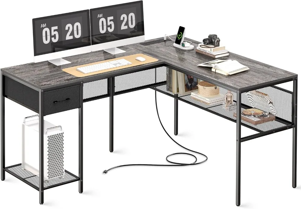 SUPERJARE-L Shaped Desk com Power Outlets, mesa do computador com gaveta, mesa de canto reversível com grade armazenamento Bookshelf