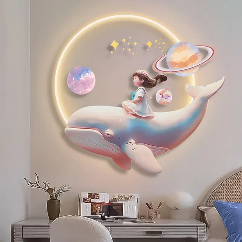 Cream Wind Children's Room Bedroom Bedhead Decoration Painting Led Light Princess Room Luminous Light Painting Whale Girl Mural
