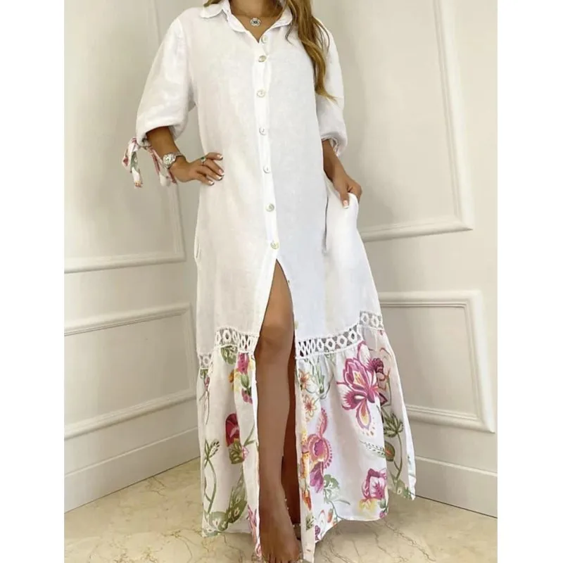 

Elegant Women Lapel Neck Loose Long Dress Summer Casual Lace Patchwork Print Shirts Maxi Dress Single Breasted Beach Party Dress