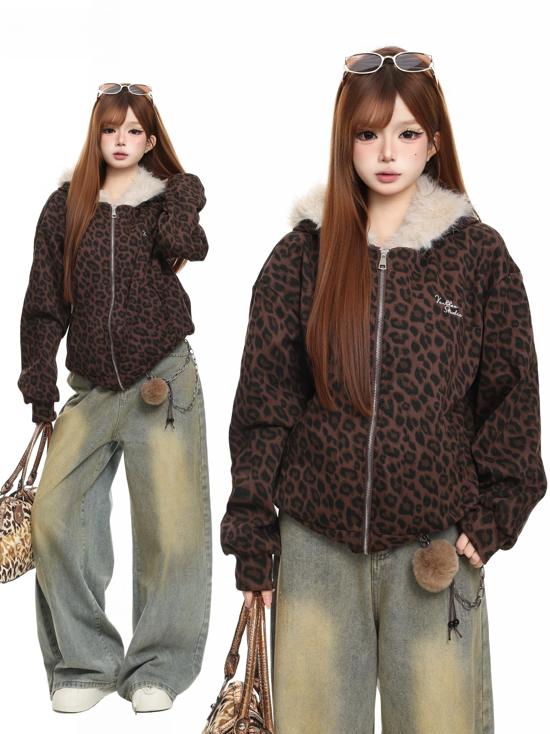 BASTERDS American Retro Leopard Print Fur Collar Hooded Fleece Women's Jacket Loose Slimming Autumn Top Zipper Closure Long S...