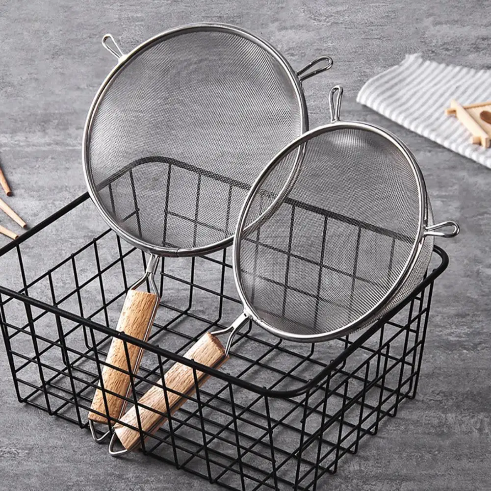 Strainer Stainless Steel Colander Kitchen Tools Sieve Filter Sifter Wooden Handle 12.5-20cm Muti-Size Oil Double Mesh For Home