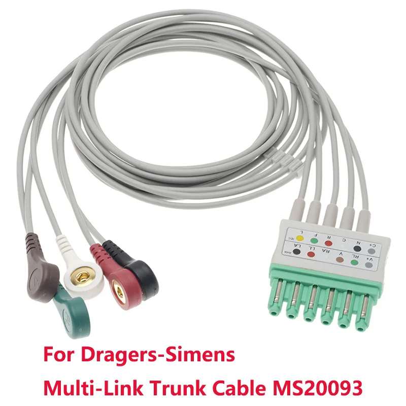 6 Pin ECG EKG 3/5 Electrode Leadwire For Dragers-Simens Monitor Spo2/ECG/TEMP Multi-Link Trunk Cable MS20093,Snap/Clip/VET Clip.