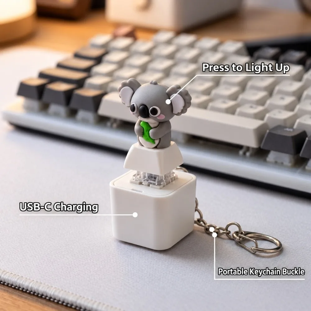 Screaming Seal Fidget Button Keychain Koala Sound Keyboard Fidget Rechargeable Light Up Clicky Animal Keycap For Stress Relief