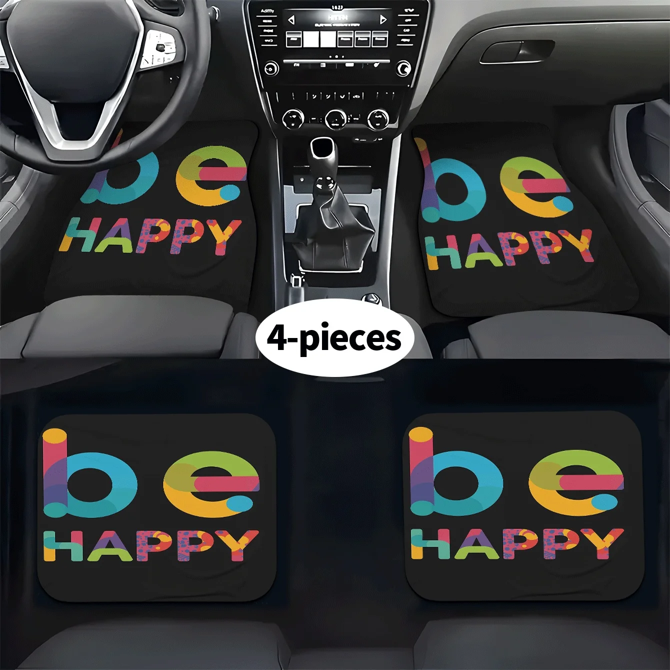 4pcs Set Of Car Floor Mats, Printed With Colorful Letter Patterns Forming 