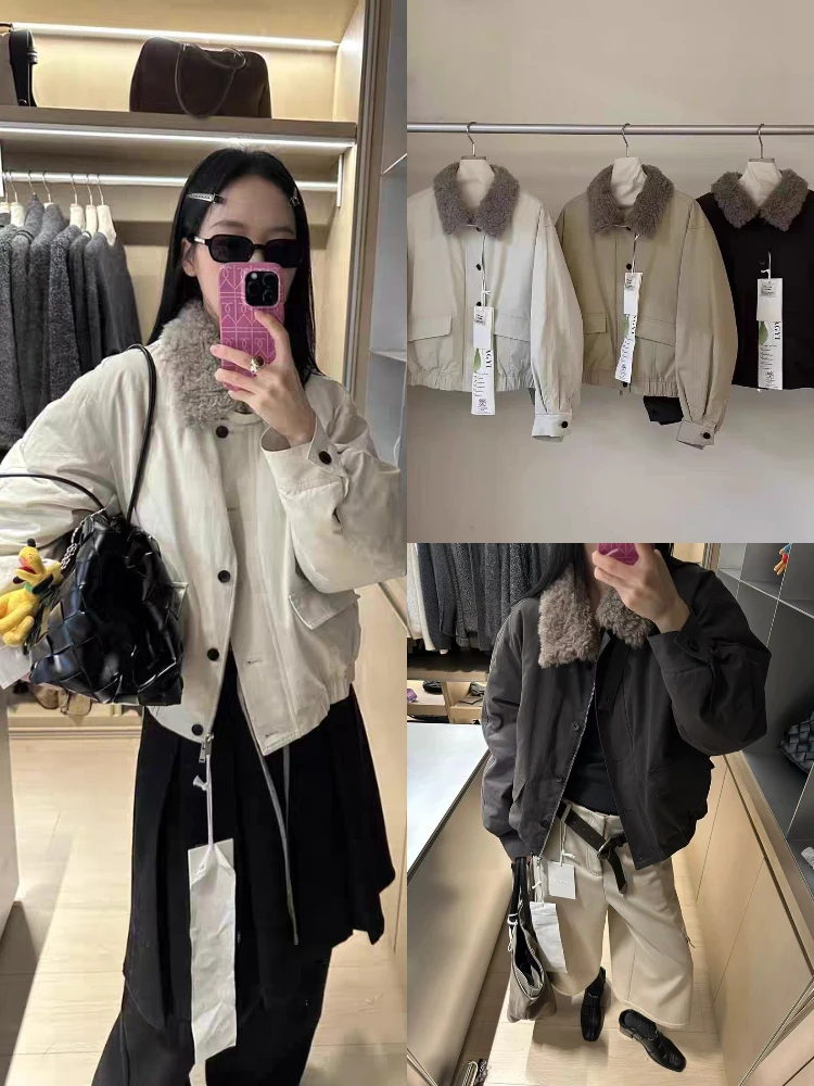 

East Gate Lamb Fur Collar Workwear down Jaet Women Loose Retro Casual Goose down Coat Warm Long Sve Button Closure