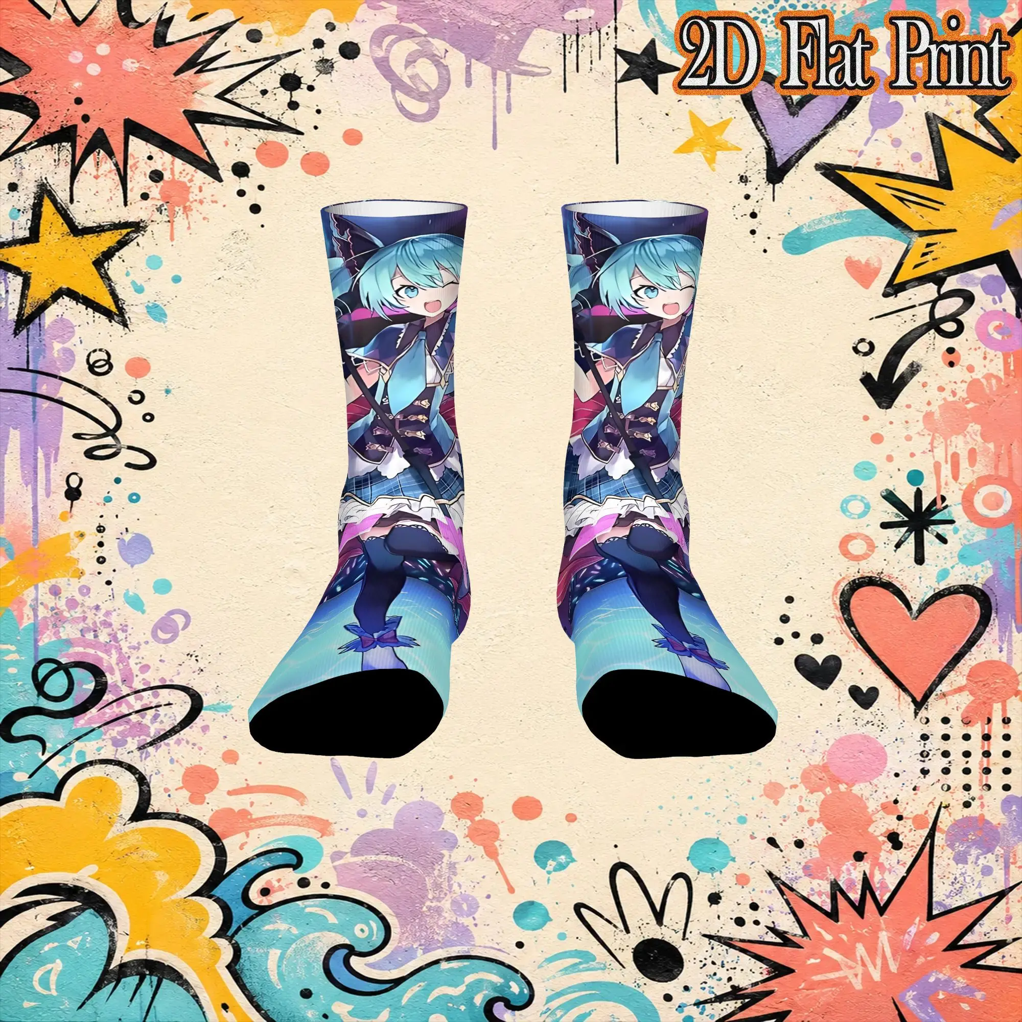 Fashion Hatsune Miku Cartoon Singer Vintage  Hip Hop Novelty Pattern Crew Crazy Sock Sports Socks