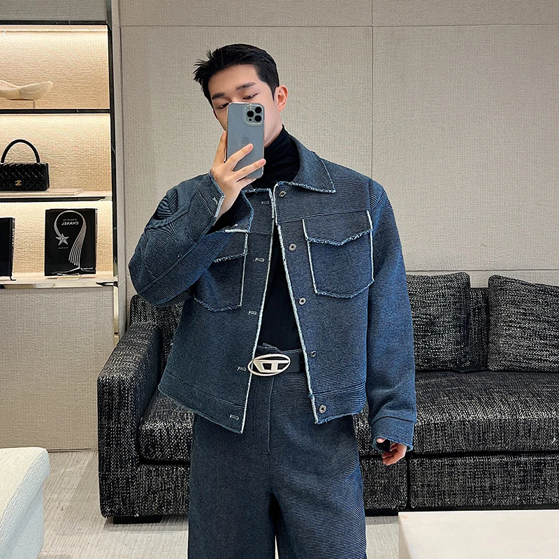 

Retro Denim oulder Pad Jaet Men's ort Sle Korean Design Waed Jeans Autumn Faion Outerwear Coat for Youth
