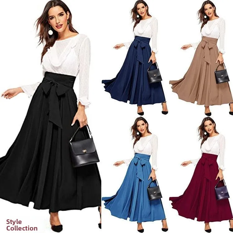 

Ele High Waist Women's Skirt Autumn Crossbody Midi Dr with Front Bow Tie Pleated Long Dr Faionable Ladies Skirts