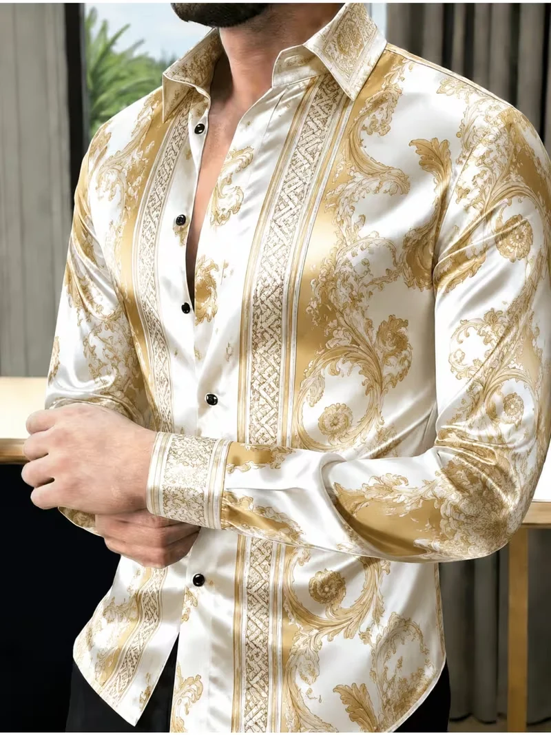 New style navy blue background Chinese style auspicious cloud wave gilded printed shirt for men, long sleeved shirt