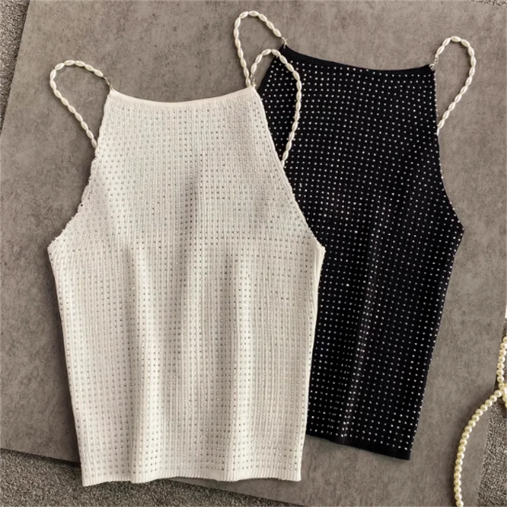 

summer short high waist nail bead knitted sling vest back sleeveless top