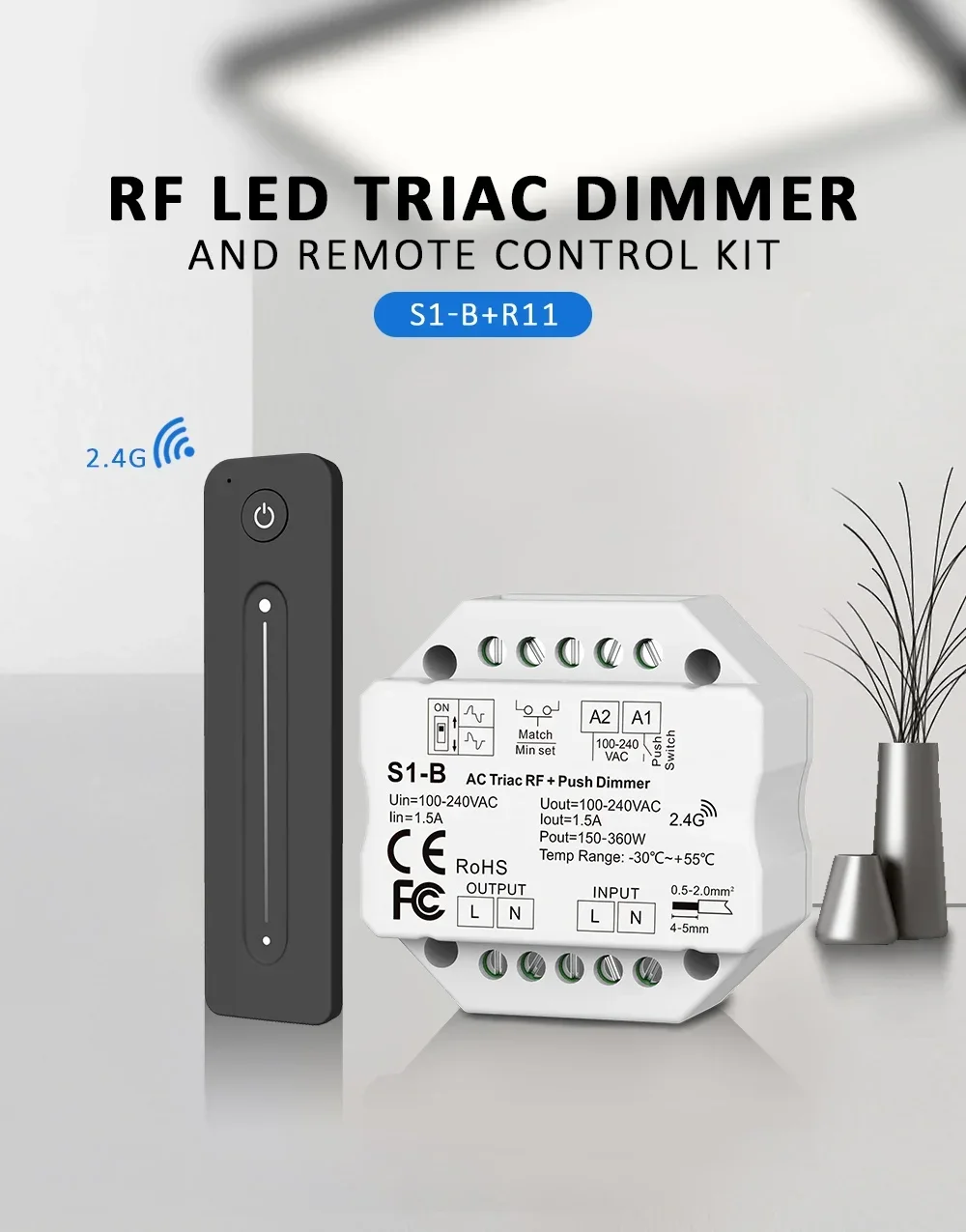 AC Triac LED Dimmer 220V 230V 110V with 2.4G Wireless RF Touch Remote Control Lamp Push PWM Dimmer Switch S1-B Dimming for Home