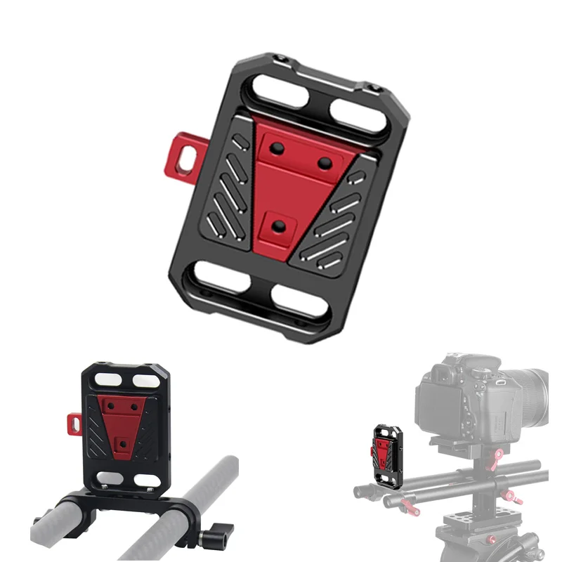 Placa de montaje con bloqueo en V de liberación rápida de aleación de aluminio, Compatible con abrazadera de varilla de 15mm para cámara DSLR, Base fija de batería con montaje en V