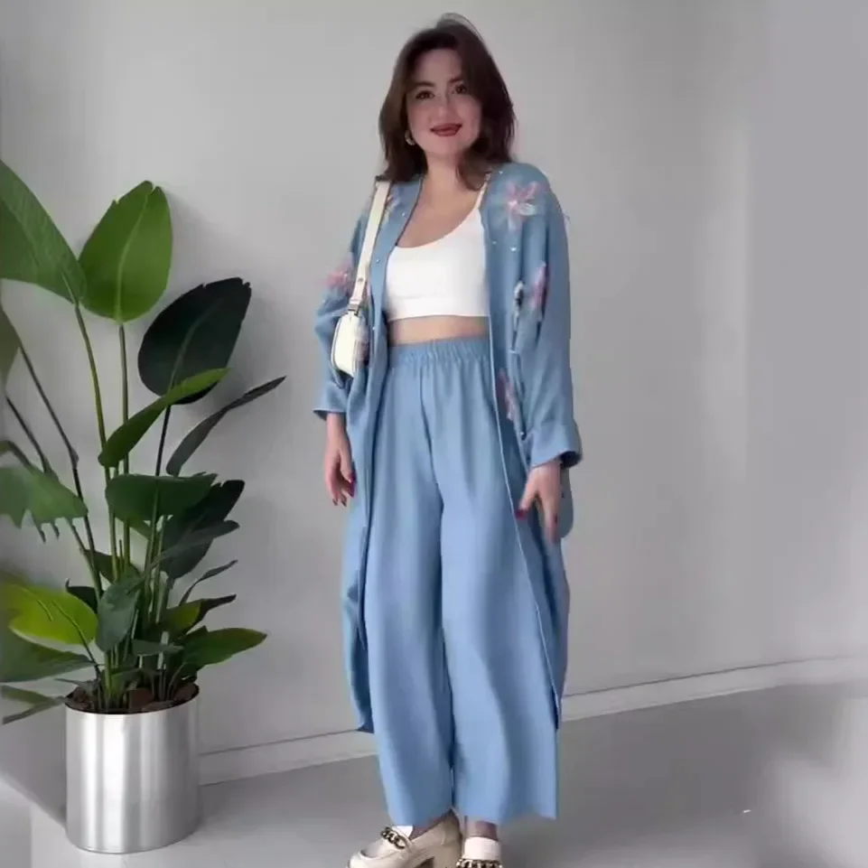 

Женские комплекты брюк, спортивный костюм с принтом, верхняя одежда с длинными рукавами, кардиган с карманами, свободные прямые брюки, повседневные одинаковые комплекты с жемчугом