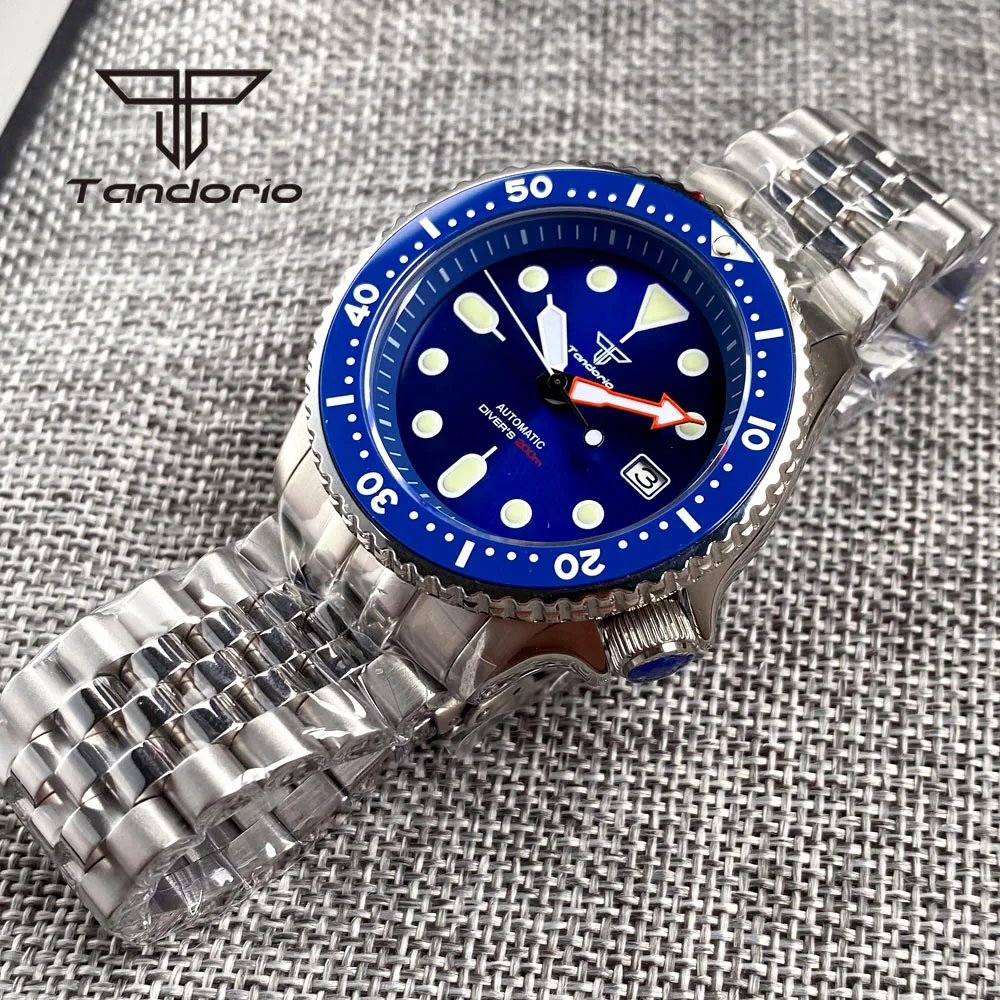 Imagem -05 - Tandorio-relógio de Mergulho Automático Masculino Luminoso Mostrador Azul Sunburst Vidro de Safira Data 38 Coroa 41 mm Nh35a 200m Aço Inoxidável