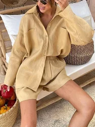 Black Women's Summer Suit Shirt and Shorts Loose Cotton Linen Suit Long Sleeve Top Oversize Two-piece Set for Women Outfits 2024