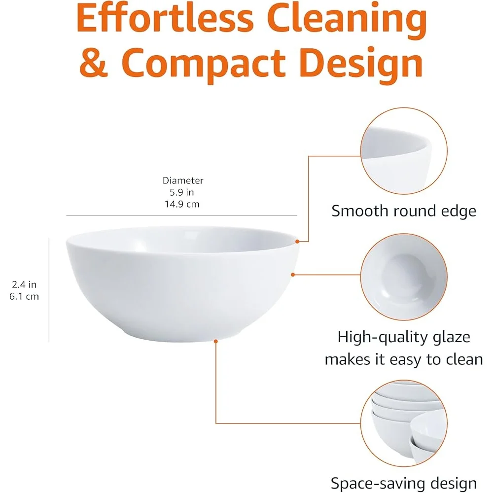 16 عبوة من أوعية كوبيه من البورسلين الأبيض الآمن للميكروويف، أوعية عميقة قابلة للتكديس من الدرجة التجارية، حساء سلطة الحبوب، نودلز الحبوب، سهلة التنظيف