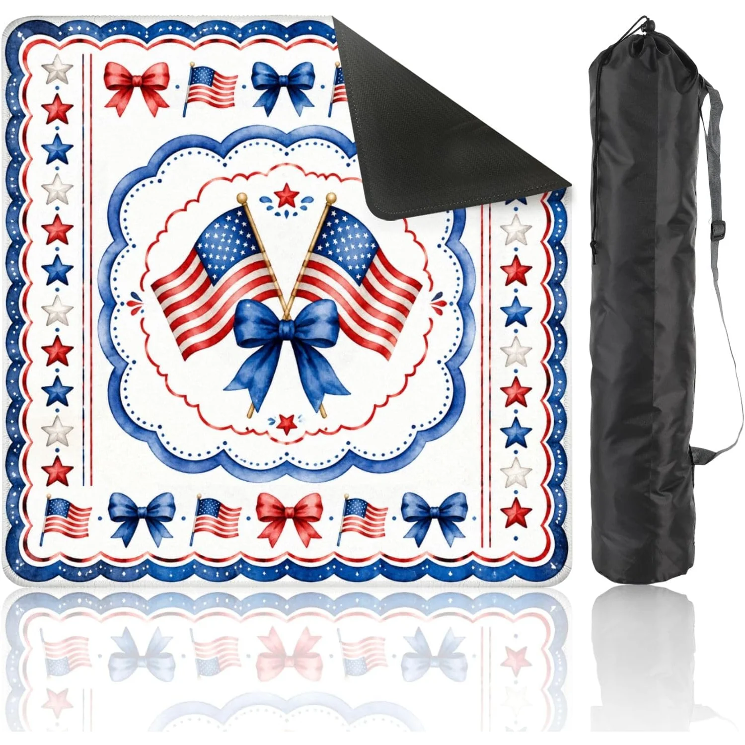 Patriotic American Flag Red Blue Ribbon Mahjong Mat with Bag 31.5 x 31.5 Inch Non Slip for Independence Day Table Games