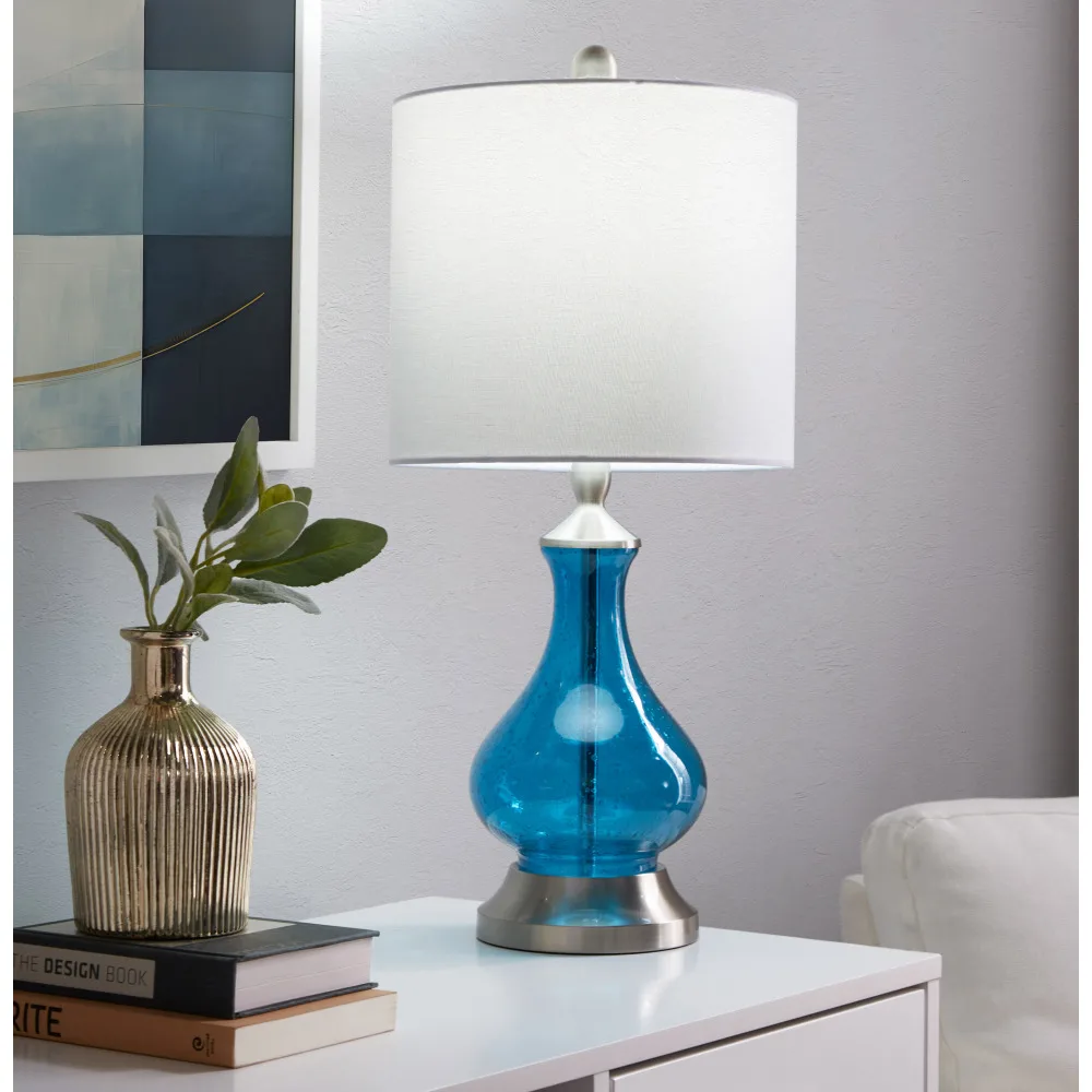 

Contemporary Glass Accent Lamp in Clear Sapphire Blue Seeded Glass, Brushed Nickel and White Linen Shade from Grandview Gallery